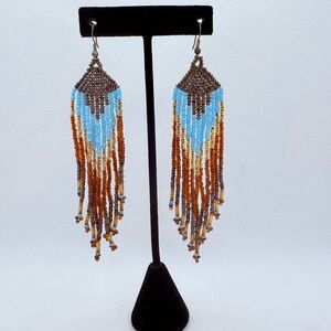 Vintage Colorful Seed Bead Dangle Fringe Earrings Turquoise Amber Gold Tone 4.5”